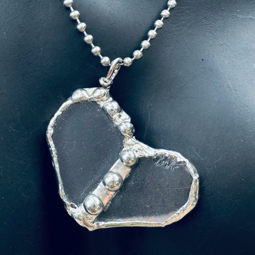 Handcrafted Stained Glass Heart Pendant w/ Silver Blend Metalwork SS Ball Chain - Picture 4 of 13